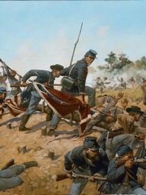 Henry Hardenbergh, earning the Medal of Honor, captures a Confederate standard at the Second Battle of Deep Bottom, Virginia - August 16, 1864. Painting, by military artist Keith Rocco, hangs in Tinley Park, Illinois Village Hall. (Courtesy Keith Rocco)