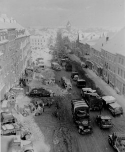 Looking north into Bastogne, Belgium shortly after the liberation of the city during the Battle of the Bulge.  Note the heavy vehicle traffic. (U.S. Army Signal Corps Photo, Courtesy National Archives)