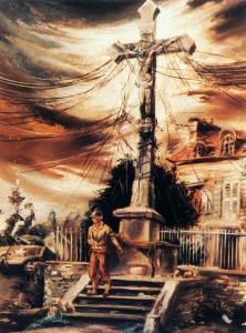 "Military Necessity," a wartime painting by artist, Aaron Bohrod, depicts the Pont l'Abbe cross adorned with telephone lines.