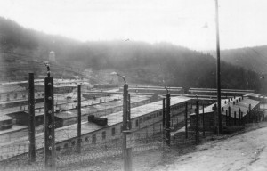 View looking down into Flossenburg Concentration Camp - April 1945. (U.S. Army Signal Corps Photo, Courtesy National Archives)