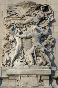 Defense, a sculpture by Henry Hering, marks the site of Fort Dearborn in present day Chicago (2010, Jeremy Atherton).