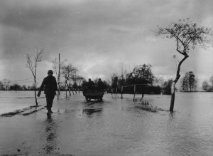 Walking on water, 90th Infantry Division soldiers span the flooded Moselle River near Vergaville, France - January 1945. (U.S. Army Signal Corps Photo, Courtesy National Archives)